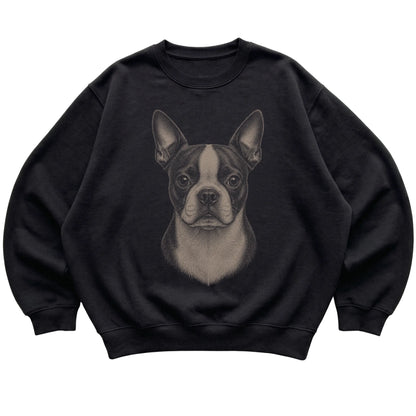 Black Realistic Drawing Boston Terrier sweatshirt, flat view