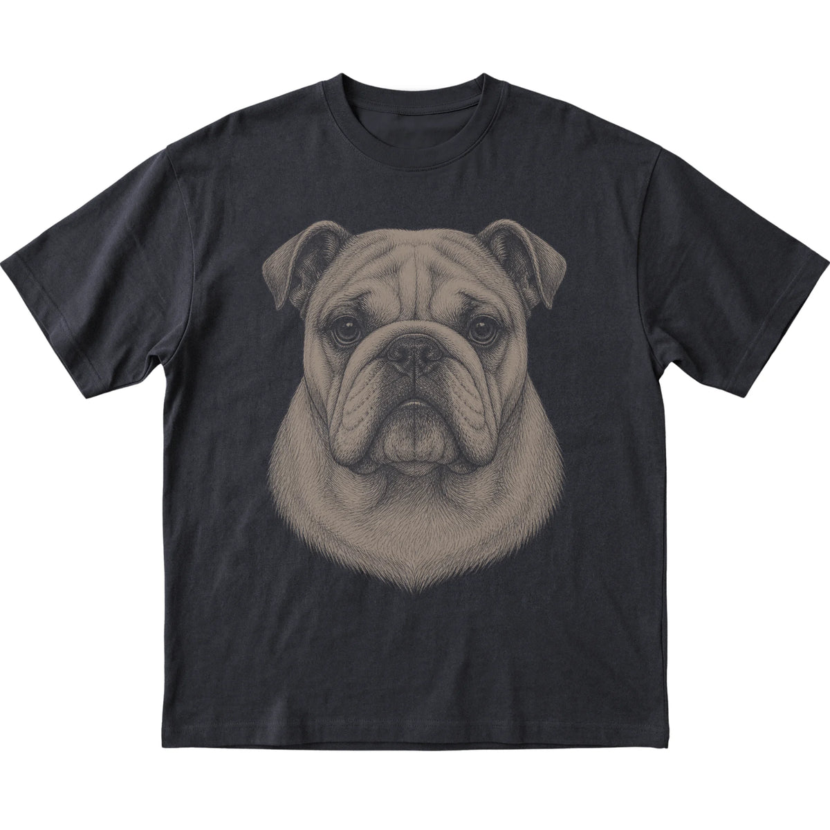 Black Realistic Drawing Bulldog T-shirt, flat view