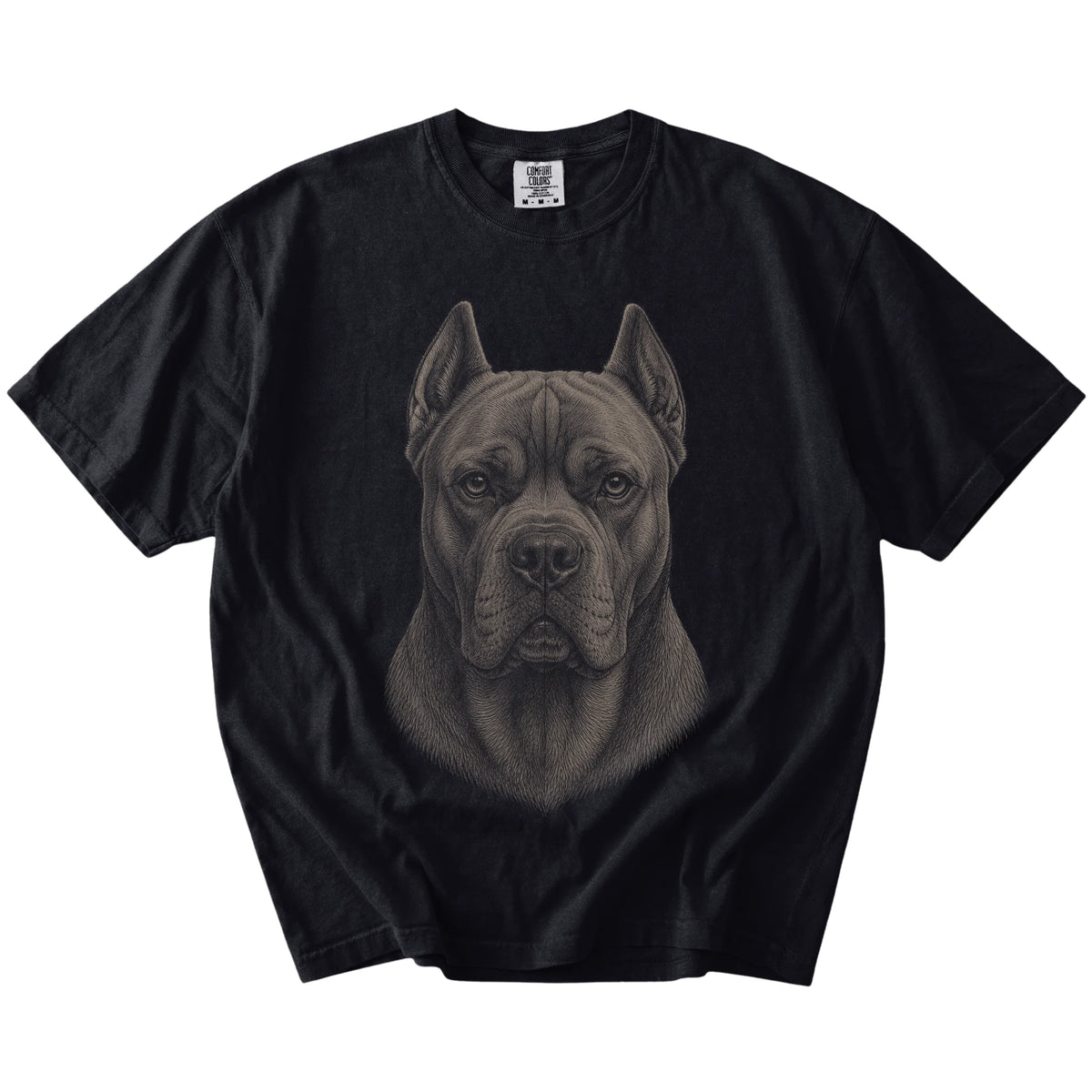 A realistic drawing of a Cane Corso on a Black Comfort Colors® T-shirt