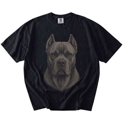 A realistic drawing of a Cane Corso on a Black Comfort Colors® T-shirt