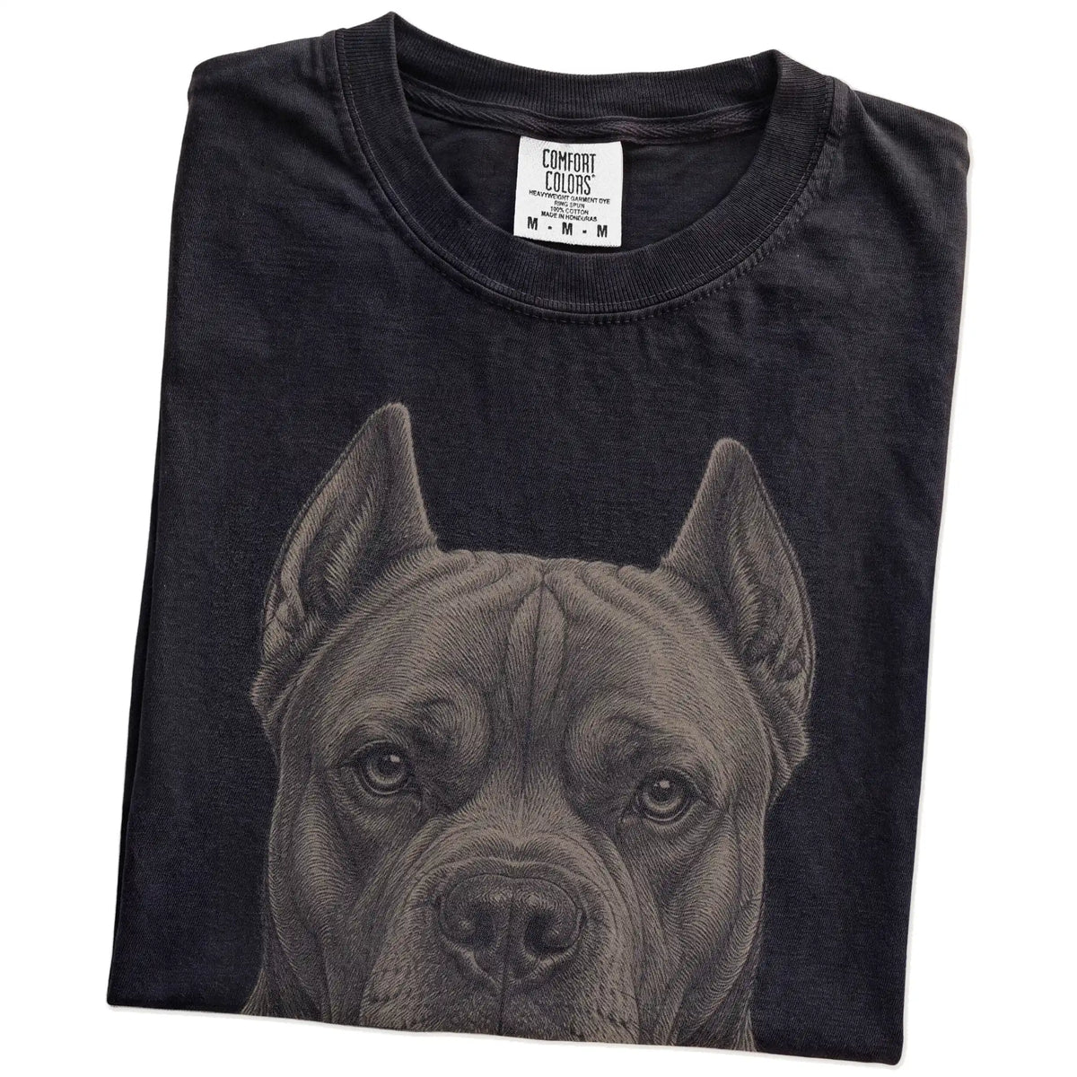 Folded Black Comfort Colors® T-shirt showing a realistic drawing of a Cane Corso