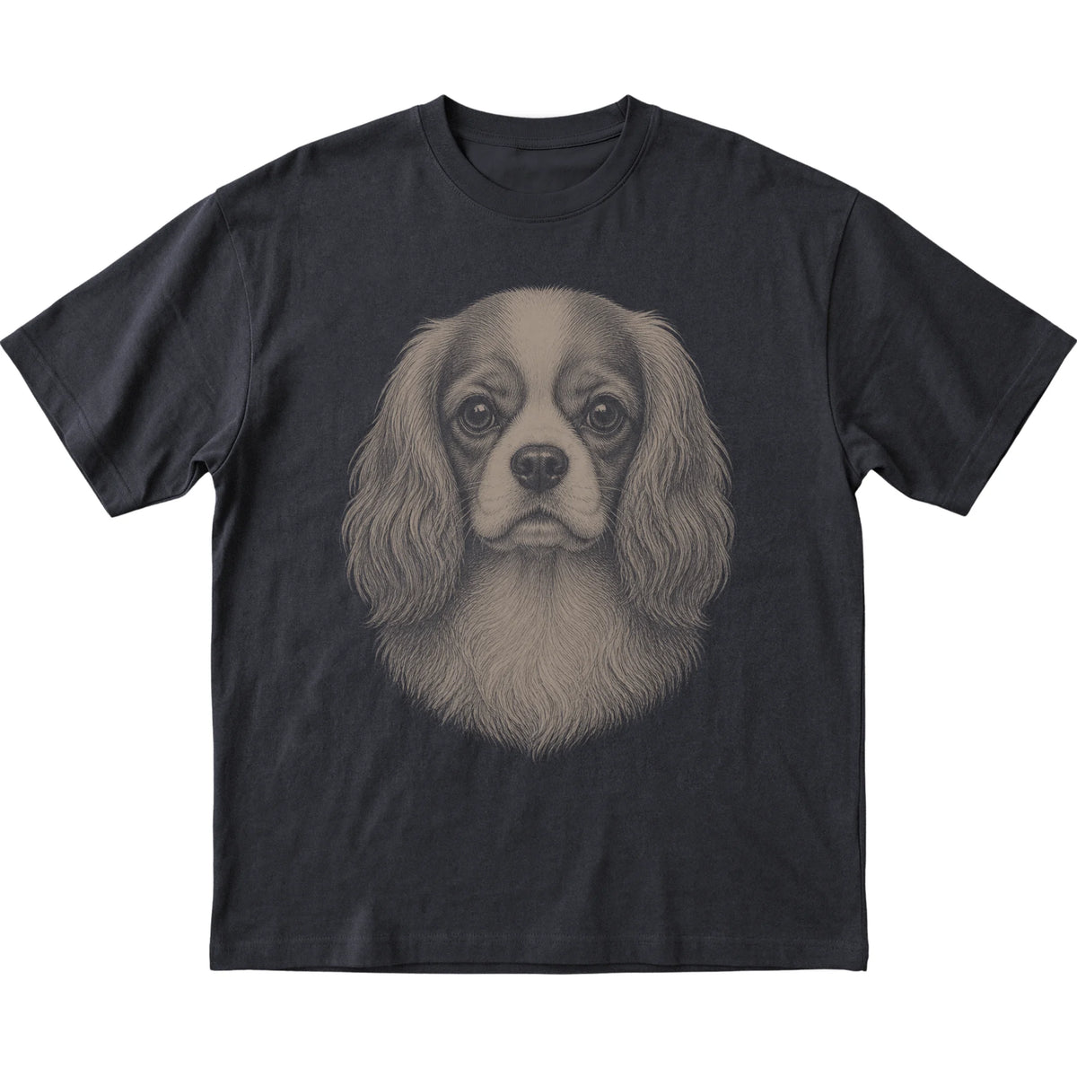 Black Realistic Drawing Cavalier King Charles Spaniel T-shirt, flat view