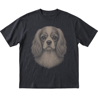 Black Realistic Drawing Cavalier King Charles Spaniel T-shirt, flat view