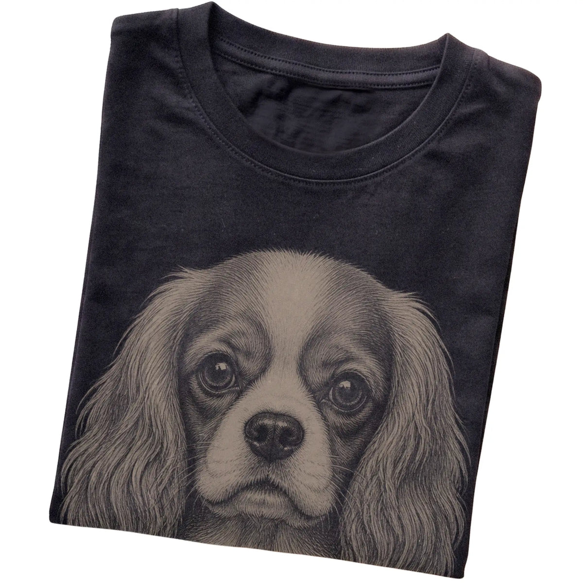Black Realistic Drawing Cavalier King Charles Spaniel T-shirt, folded view