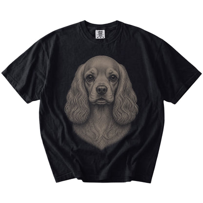 A realistic drawing of a Cocker Spaniel on a Black Comfort Colors® T-shirt