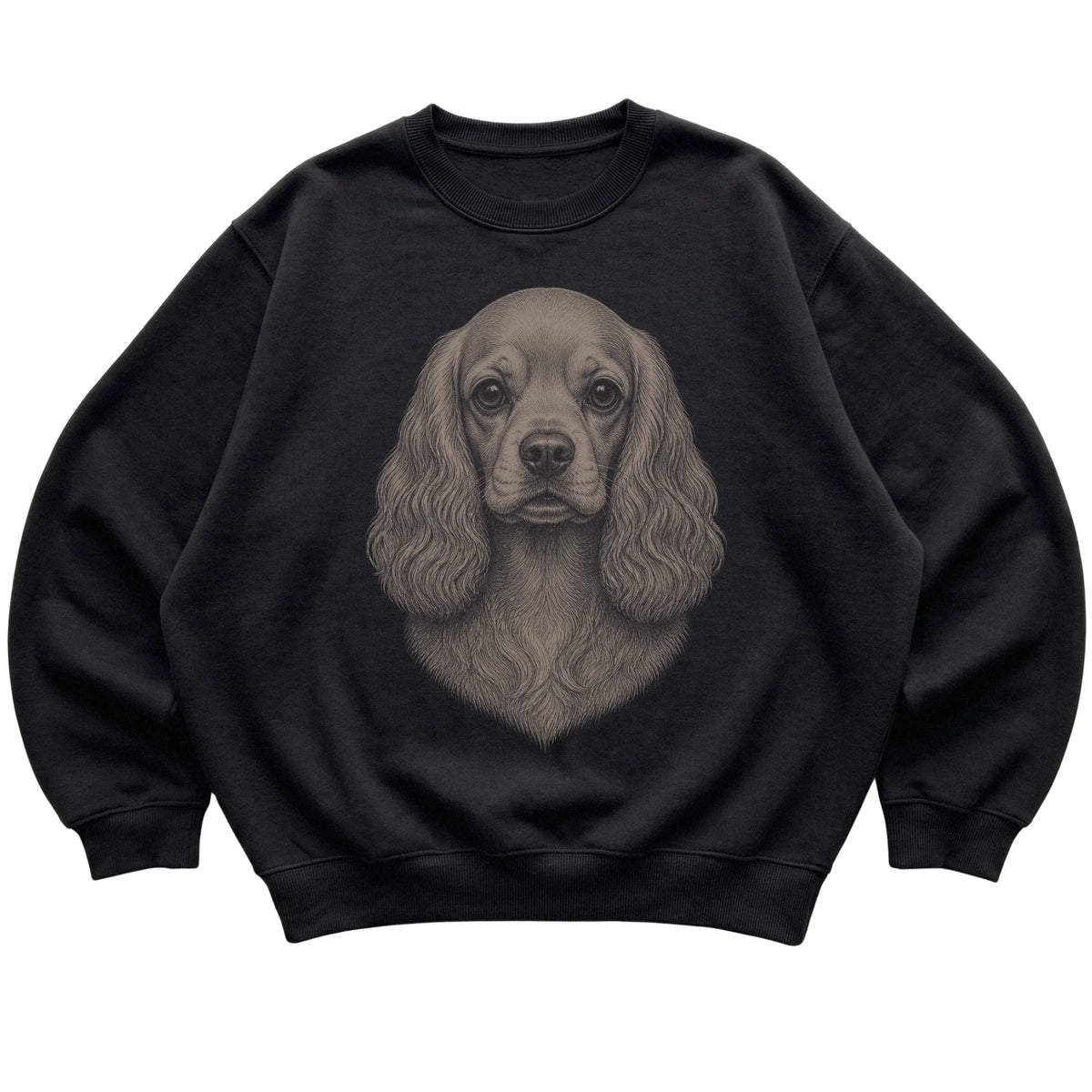 Black Realistic Drawing Cocker Spaniel sweatshirt, flat view