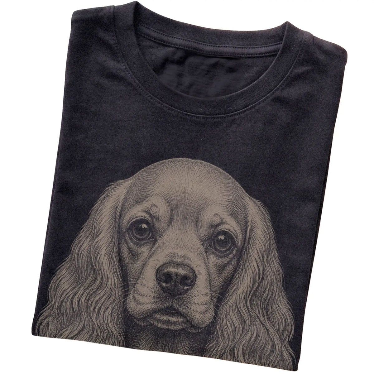 Black Realistic Drawing Cocker Spaniel T-shirt, folded view