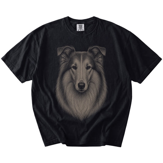 A realistic drawing of a Collie on a Black Comfort Colors® T-shirt