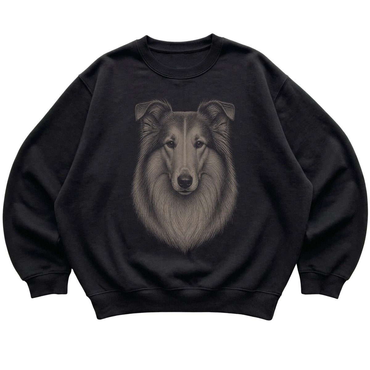 Black Realistic Drawing Collie sweatshirt, flat view