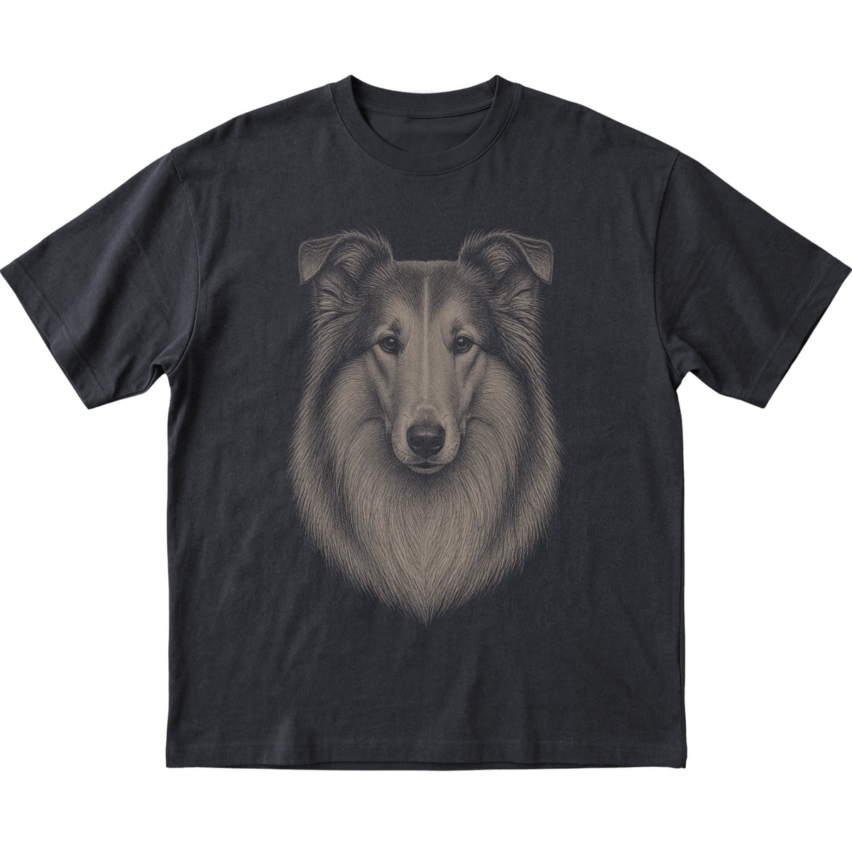 Black Realistic Drawing Collie T-shirt, flat view