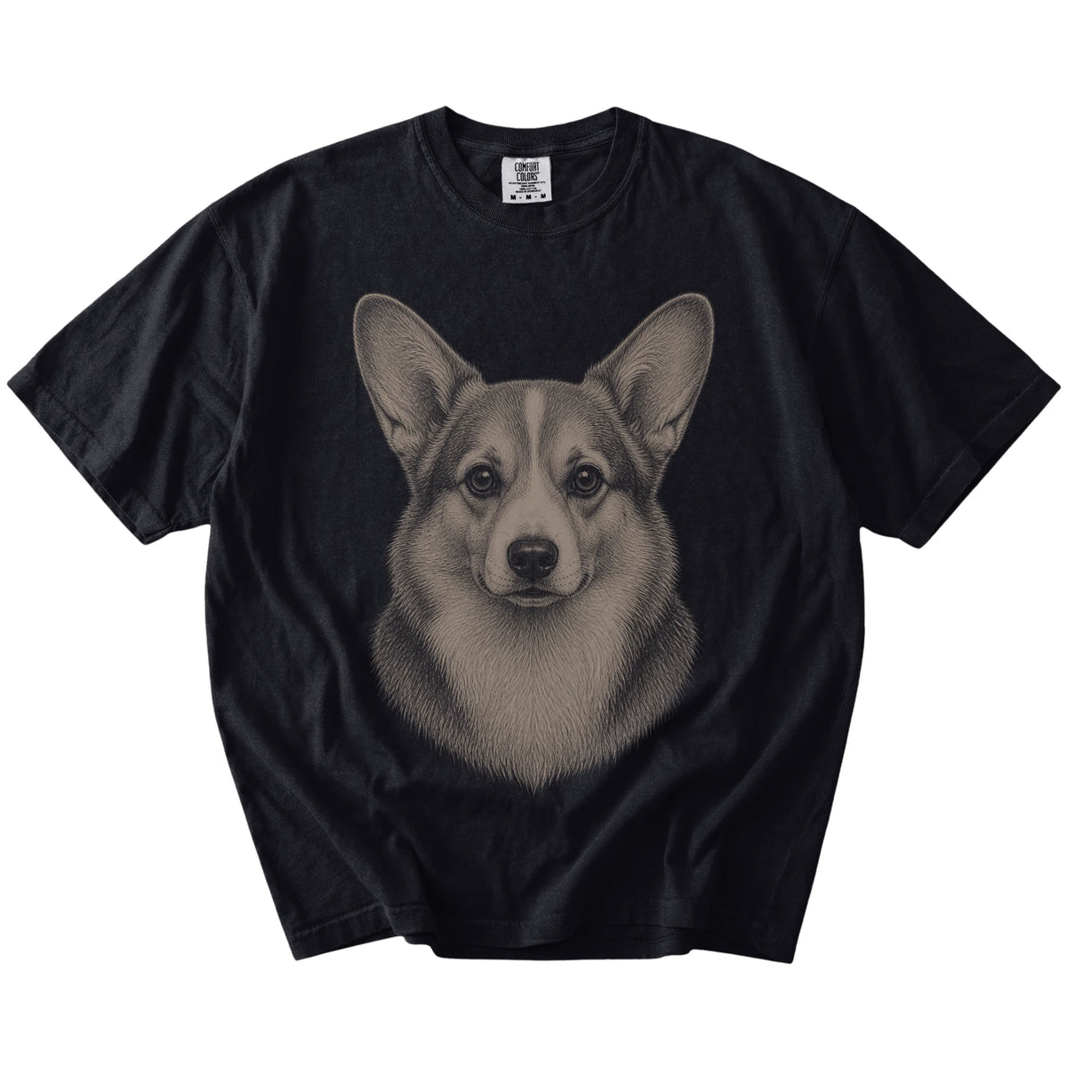 A realistic drawing of a Corgi on a Black Comfort Colors® T-shirt
