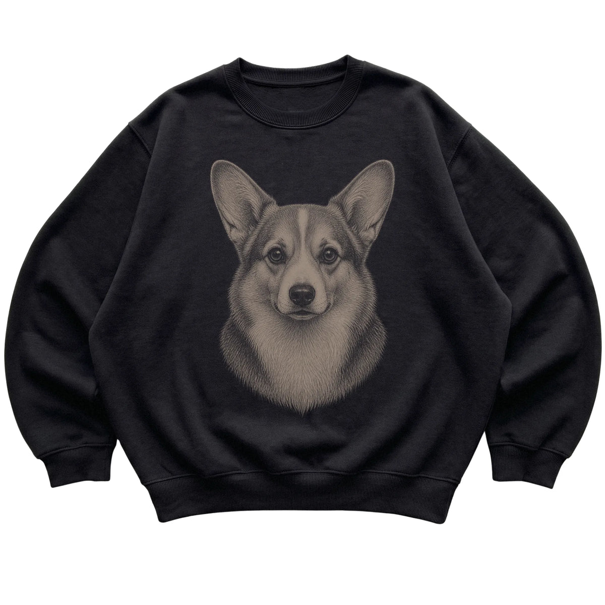Black Realistic Drawing Corgi sweatshirt, flat view