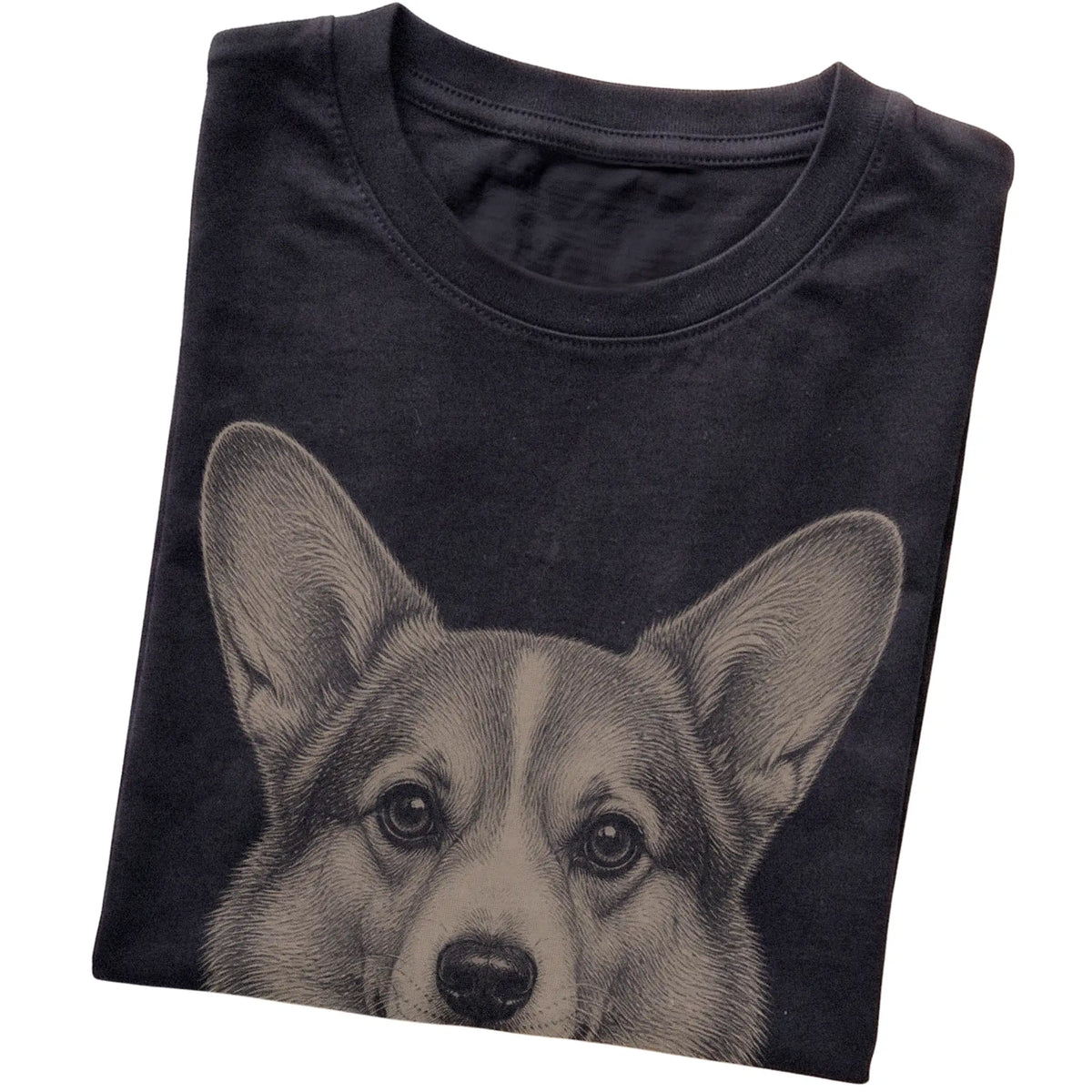 Black Realistic Drawing Corgi T-shirt, folded view