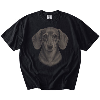 A realistic drawing of a Dachshund on a Black Comfort Colors® T-shirt