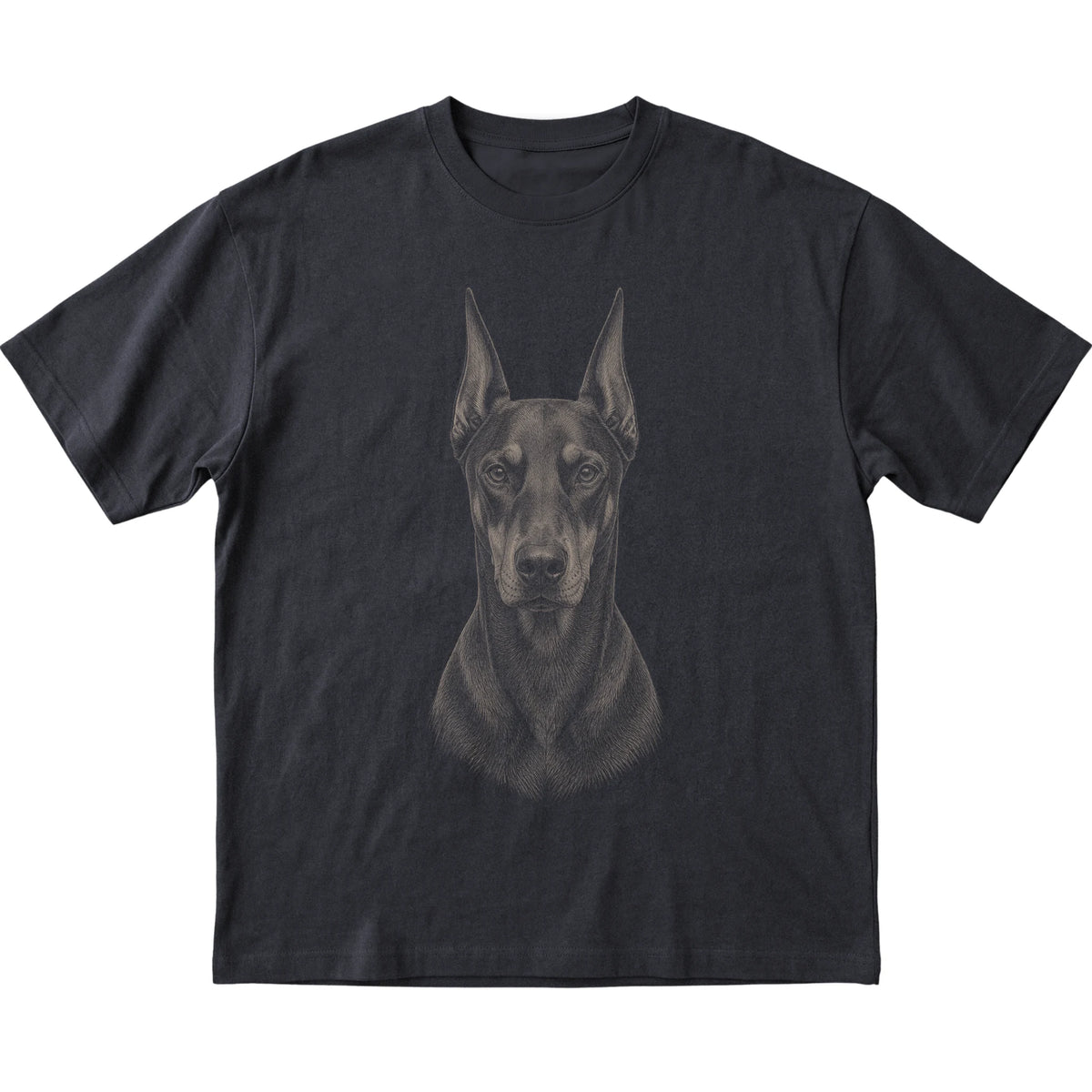 Black Realistic Drawing Doberman T-shirt, flat view