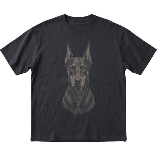 Black Realistic Drawing Doberman T-shirt, flat view