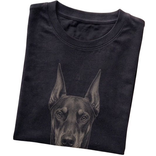 Black Realistic Drawing Doberman T-shirt, folded view