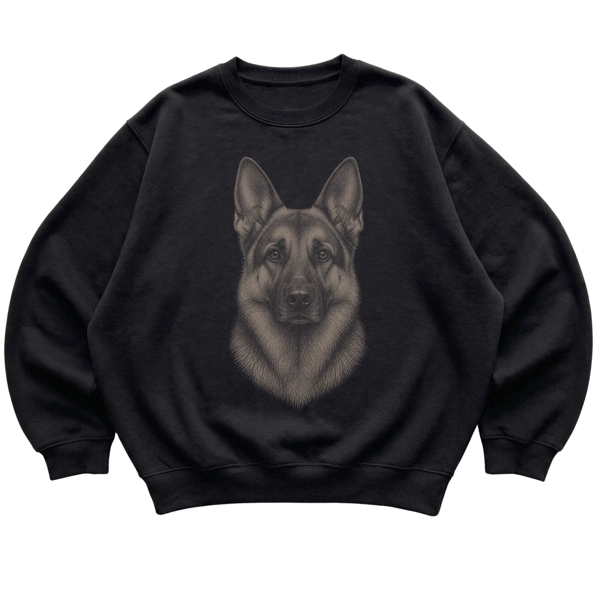 Black Realistic Drawing German Shepherd sweatshirt, flat view