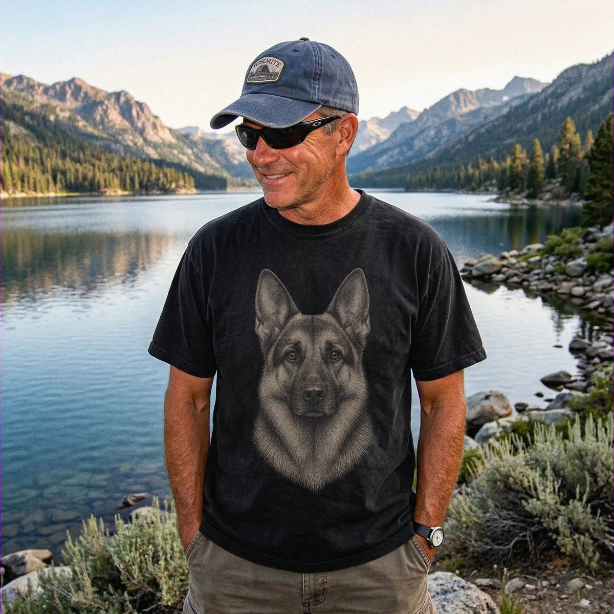 Model wearing a Black Comfort Colors® T-shirt with a realistic drawing of a German Shepherd
