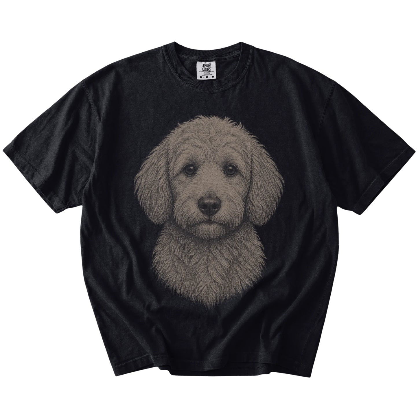 A realistic drawing of a Goldendoodle on a Black Comfort Colors® T-shirt