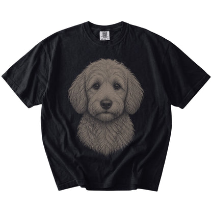 A realistic drawing of a Goldendoodle on a Black Comfort Colors® T-shirt