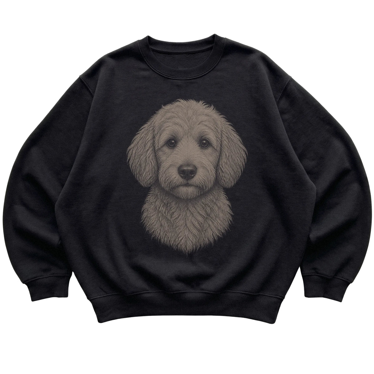 Black Realistic Drawing Goldendoodle sweatshirt, flat view