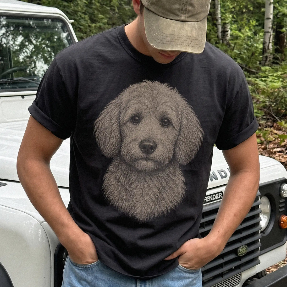Model wearing a Black Comfort Colors® T-shirt with a realistic drawing of a Goldendoodle
