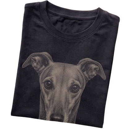 Black Realistic Drawing Greyhound T-shirt, folded view