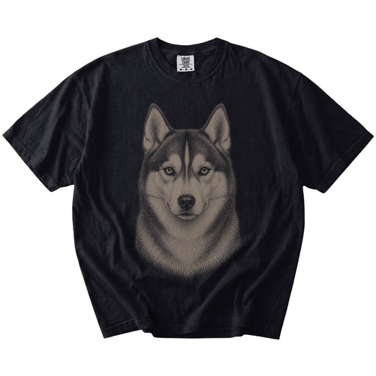 A realistic drawing of a Husky on a Black Comfort Colors® T-shirt