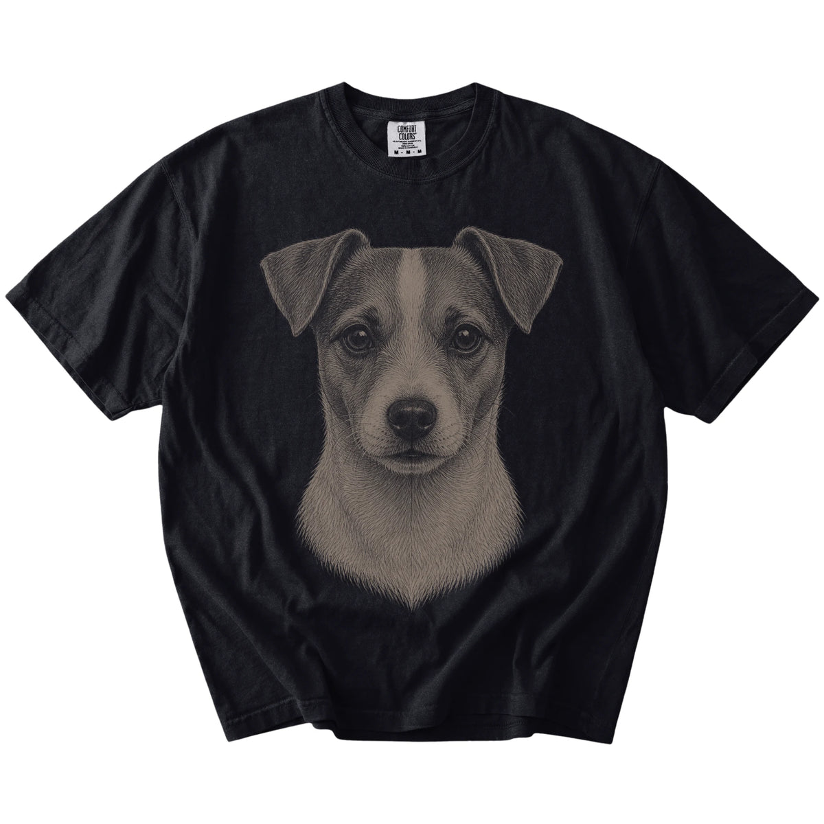 A realistic drawing of a Jack Russell on a Black Comfort Colors® T-shirt