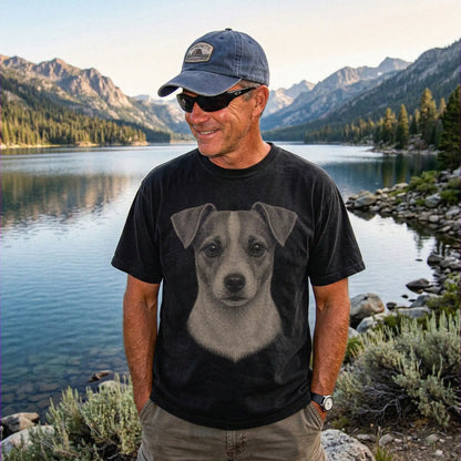 Model wearing a Black Comfort Colors® T-shirt with a realistic drawing of a Jack Russell