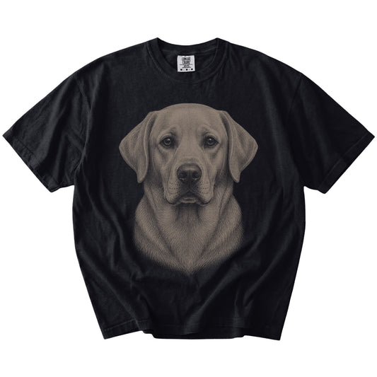A realistic drawing of a Labrador Retriever on a Black Comfort Colors® T-shirt