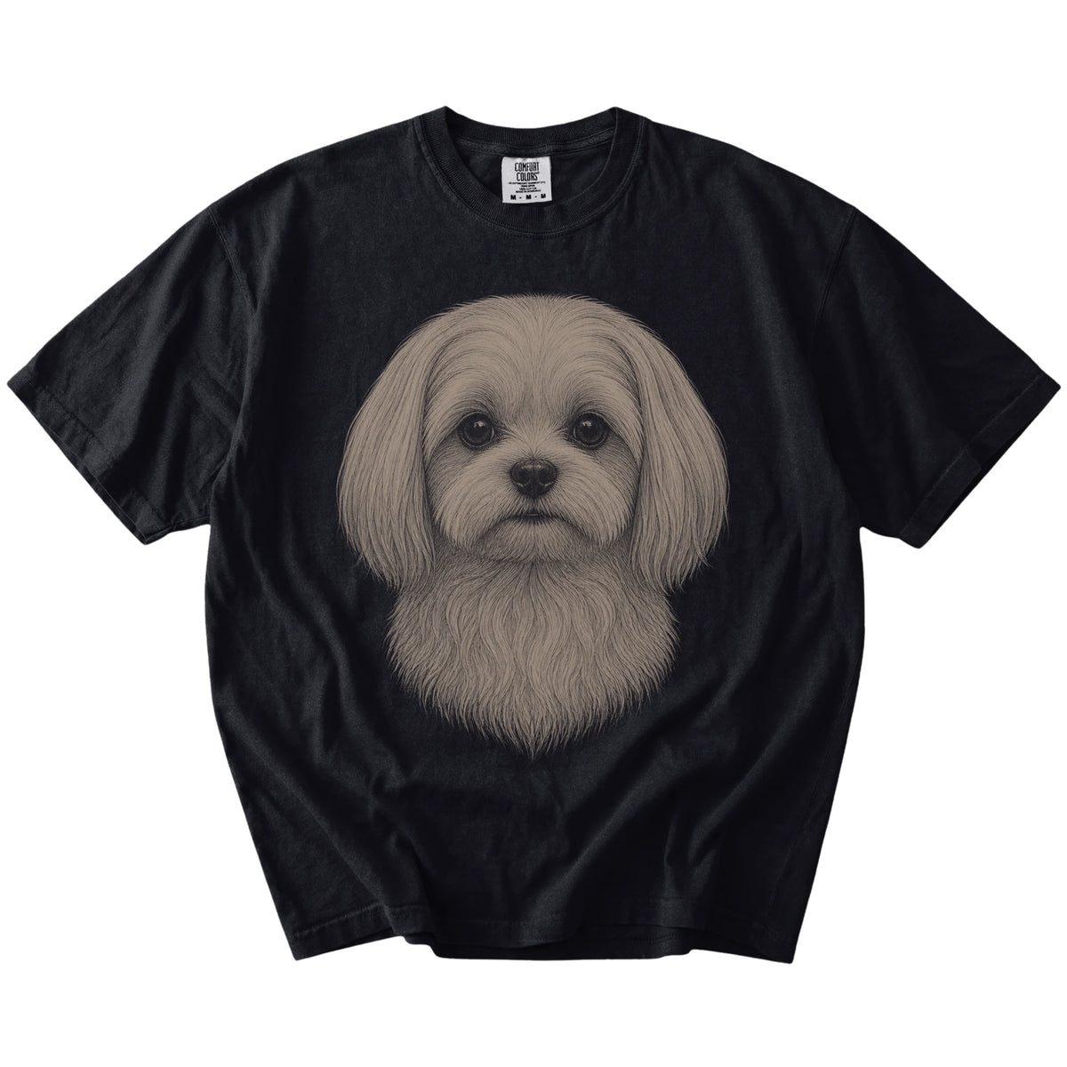 A realistic drawing of a Maltese on a Black Comfort Colors® T-shirt