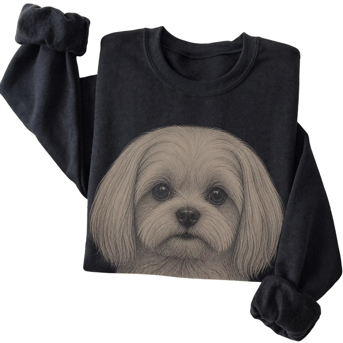 Black Realistic Drawing Maltese sweatshirt, folded view