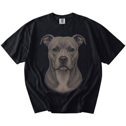 A realistic drawing of a Pitbull on a Black Comfort Colors® T-shirt