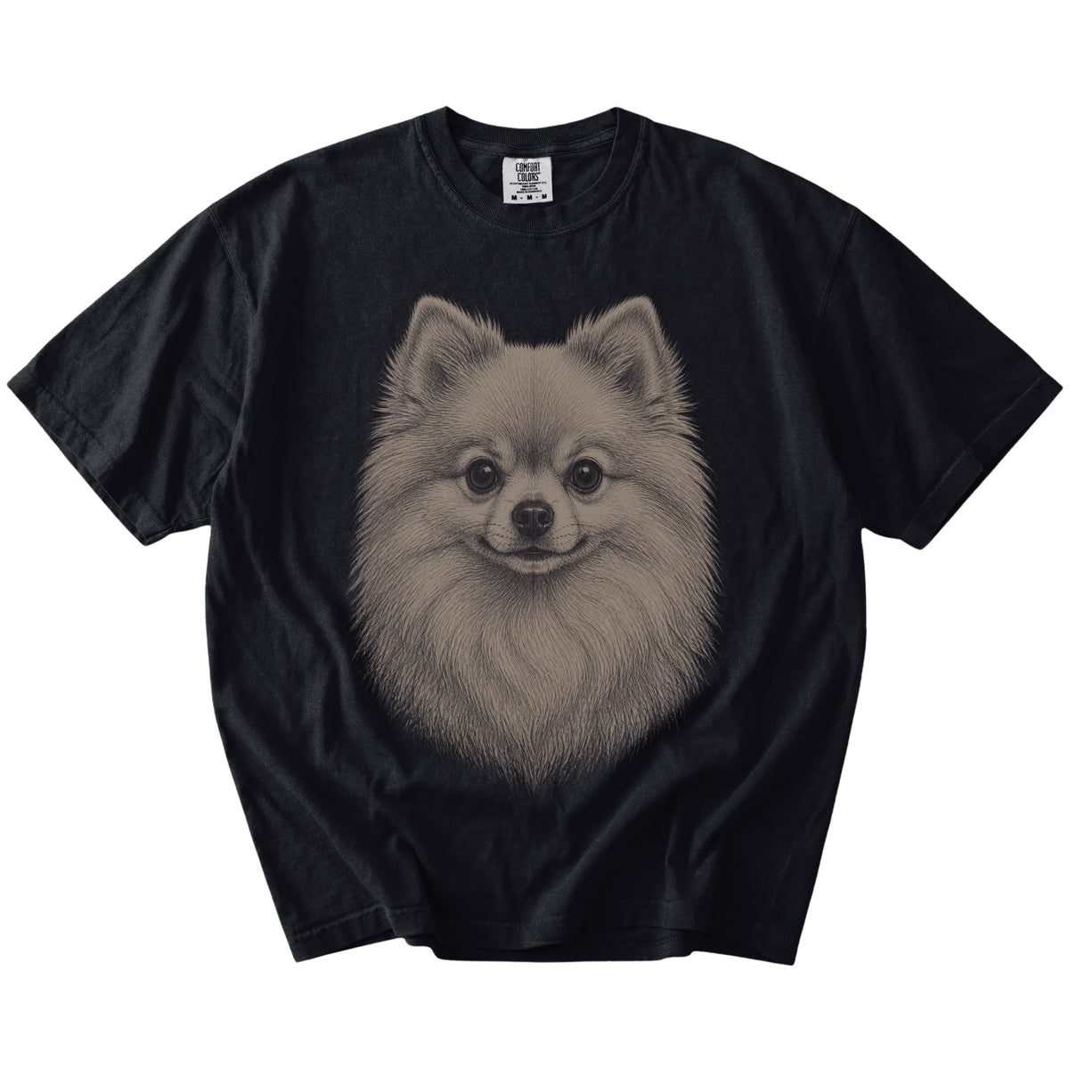 A realistic drawing of a Pomeranian on a Black Comfort Colors® T-shirt