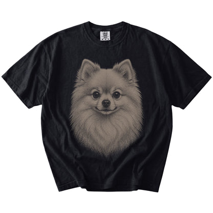 A realistic drawing of a Pomeranian on a Black Comfort Colors® T-shirt