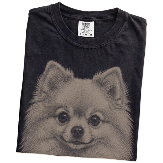 Folded Black Comfort Colors® T-shirt showing a realistic drawing of a Pomeranian