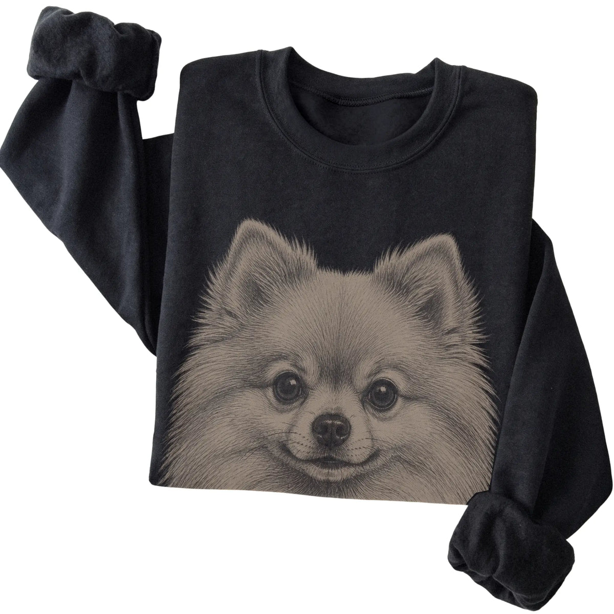 Black Realistic Drawing Pomeranian sweatshirt, folded view