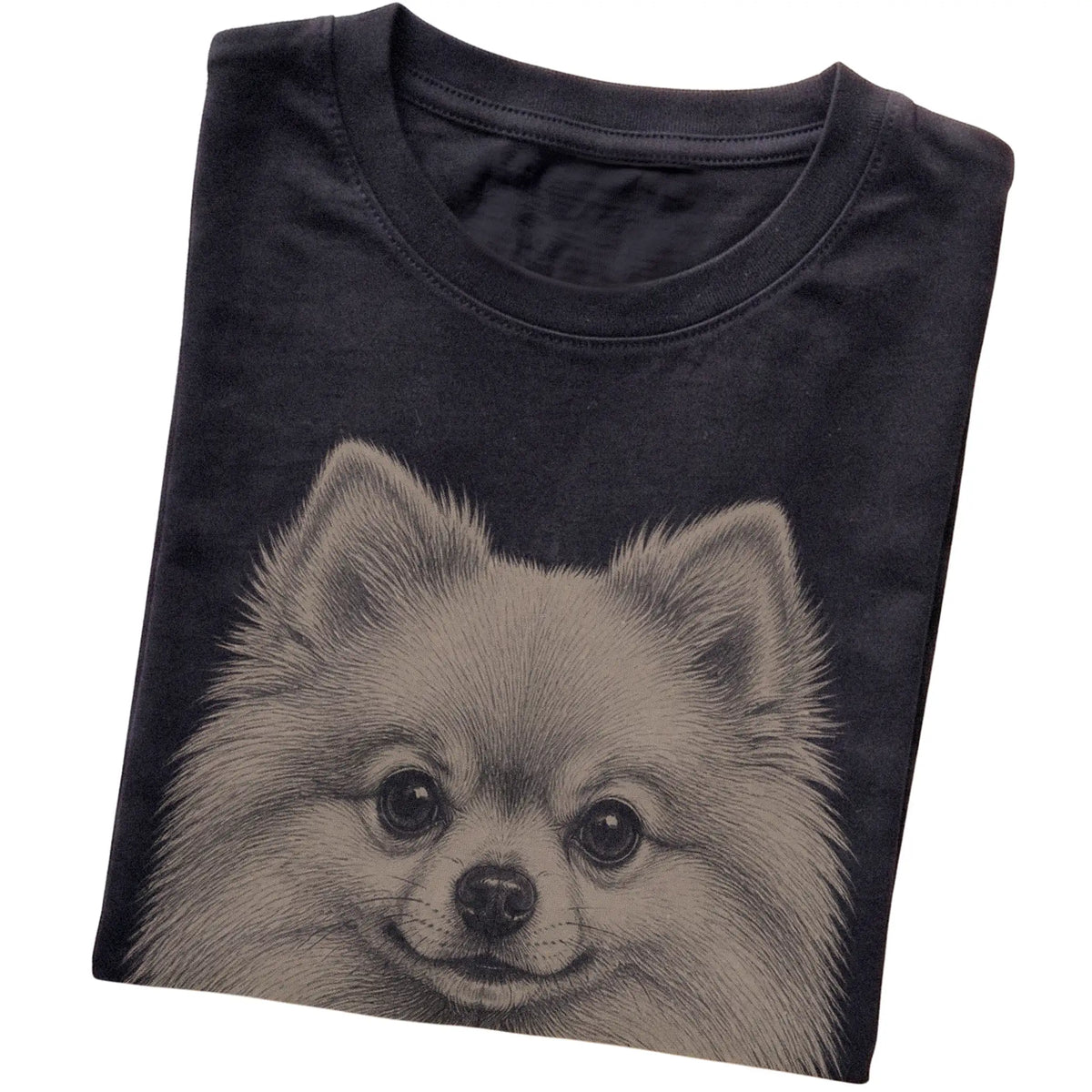 Black Realistic Drawing Pomeranian T-shirt, folded view