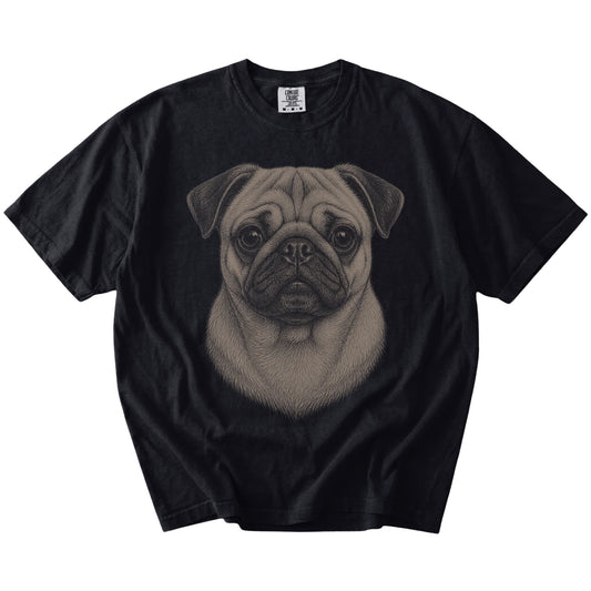 A realistic drawing of a Pug on a Black Comfort Colors® T-shirt