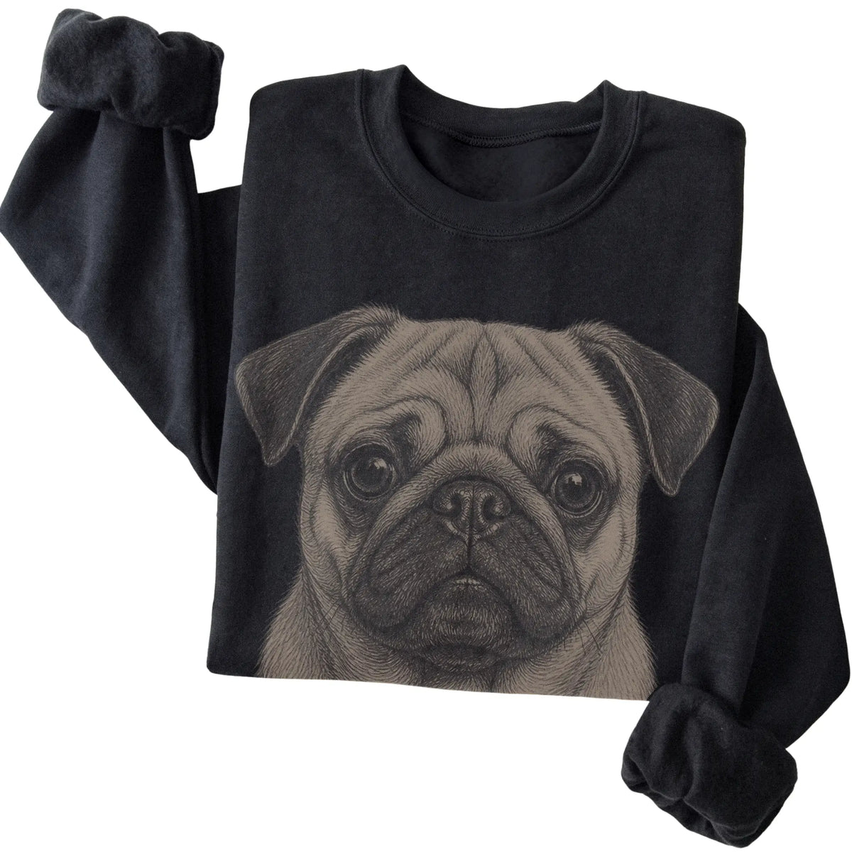 Black Realistic Drawing Pug sweatshirt, folded view