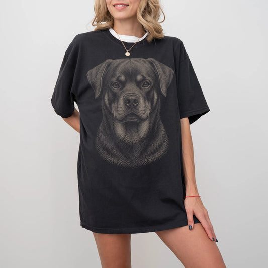 Model wearing a Black Comfort Colors® T-shirt with a realistic drawing of a Rottweiler