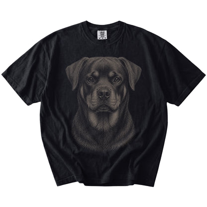 A realistic drawing of a Rottweiler on a Black Comfort Colors® T-shirt