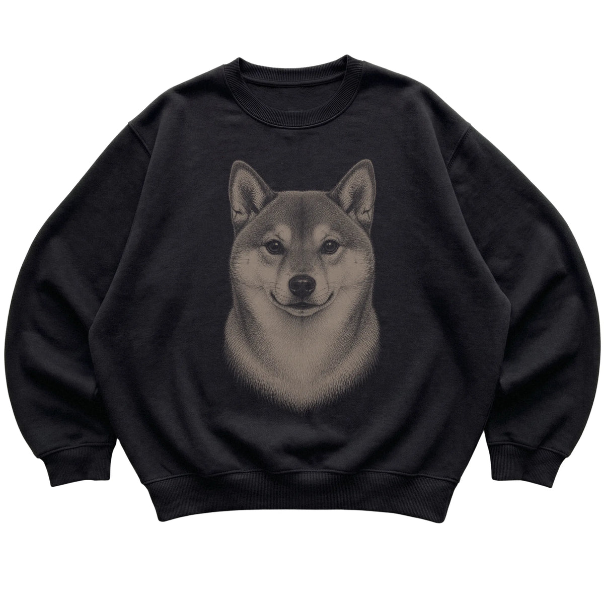 Black Realistic Drawing Shiba Inu sweatshirt, flat view
