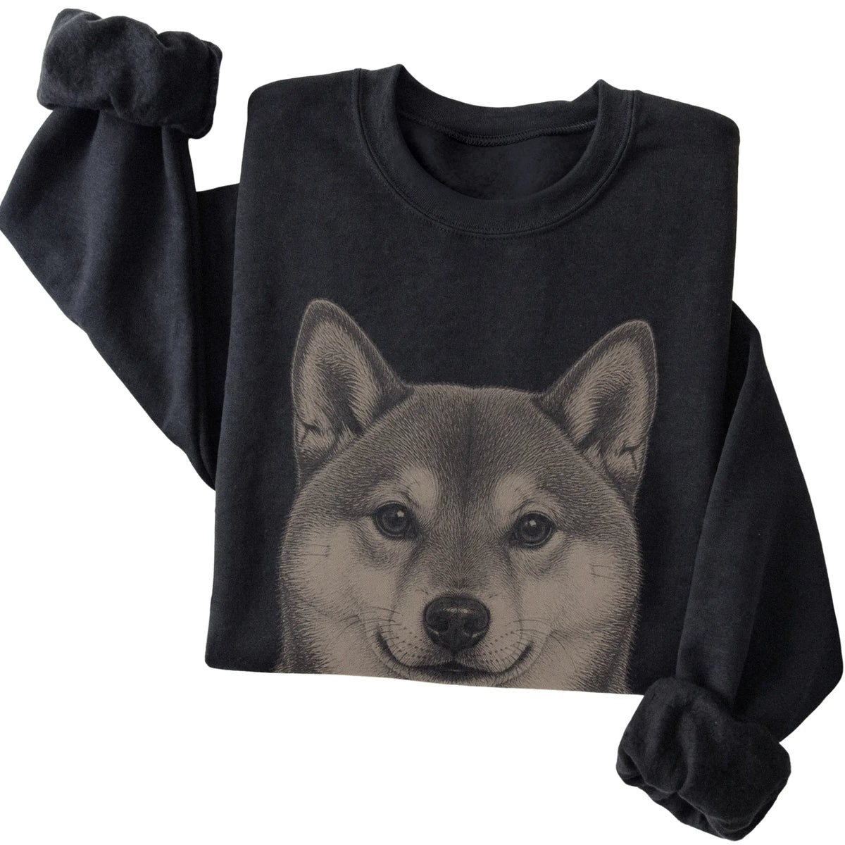 Black Realistic Drawing Shiba Inu sweatshirt, folded view