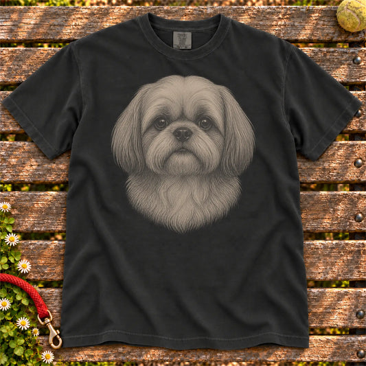 Realistic Drawing Shih Tzu design on a Black Comfort Colors T-shirt, shown flat