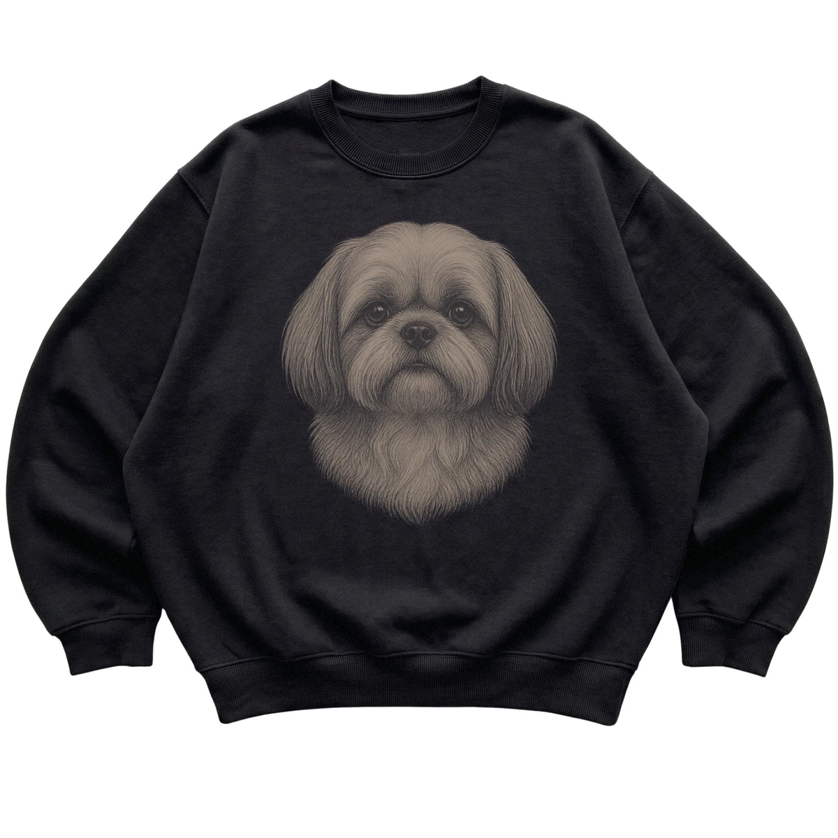 Black Realistic Drawing Shih Tzu sweatshirt, flat view