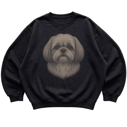 Black Realistic Drawing Shih Tzu sweatshirt, flat view