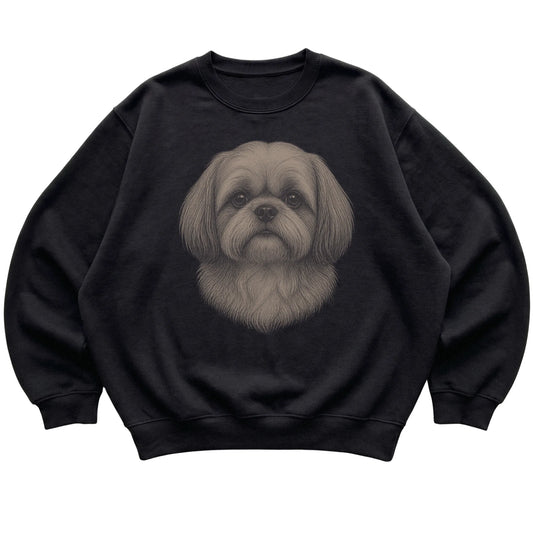 Black Realistic Drawing Shih Tzu sweatshirt, flat view